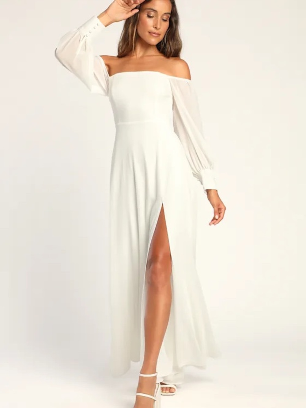 Lulu's Off-Shoulder White Maxi Dress with Sheer Bishop Sleeves and Thigh Slit